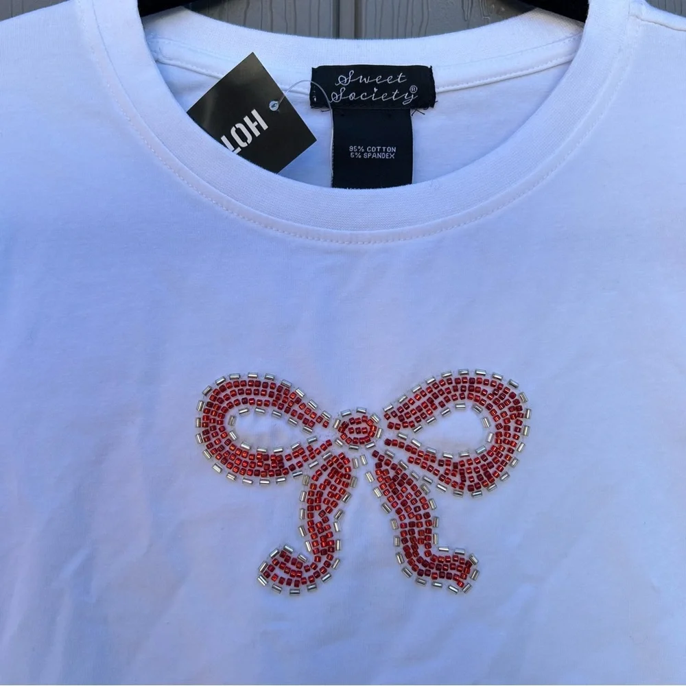 Hot Topic Secret Society Cropped Beaded Bow Tie T shirt Size Small Coquette - Picture 2 of 7